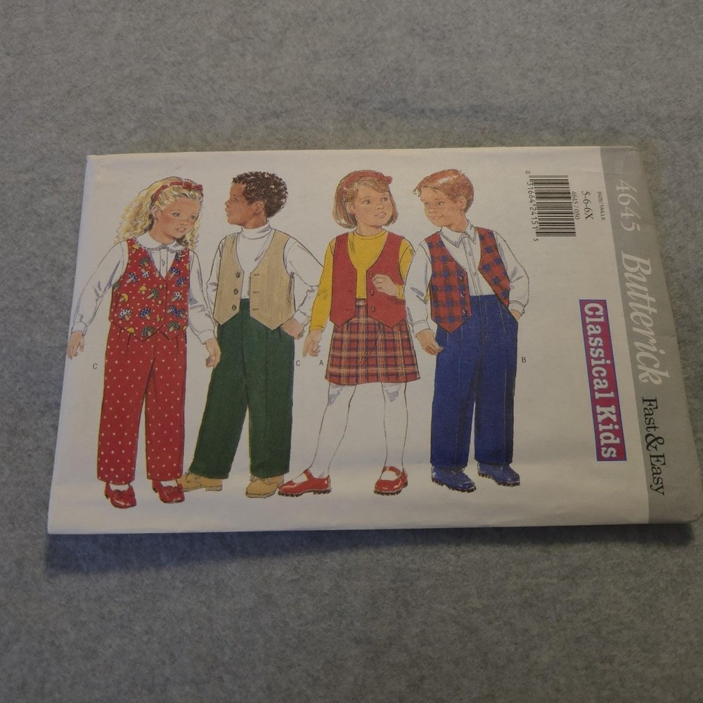Butterick 4645‎ Kids Vest Pants Skirt Pattern Size 5–6X Vintage 90s Uncut Easy